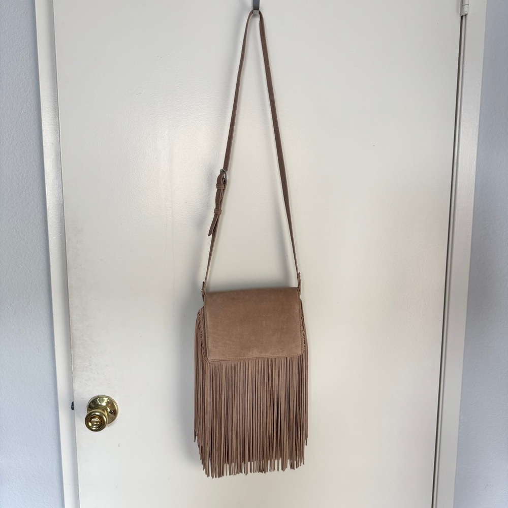 Zara Genuine Split Leather Fringe Crossbody | Linen Lining | Taupe